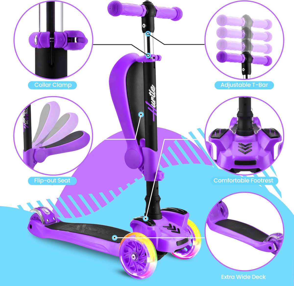 SnelShoppen - Hurtle Kinderstep, 3-wiel Step, Opvouwbare Scooter met Verstelbare Hoogte, Antislip Platform, LED Verlichte Wielen, Step voor Kinderen v (2961398746292)
