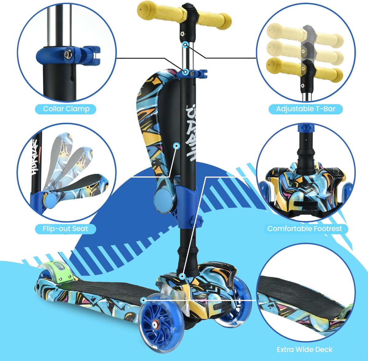 SnelShoppen - Hurtle Kinderstep 3-wiel Step, Opvouwbare Scooter met Verstelbare Hoogte, Antislip Platform en LED Verlichte Wielen voor Meisjes/Jongens (2835855494470)