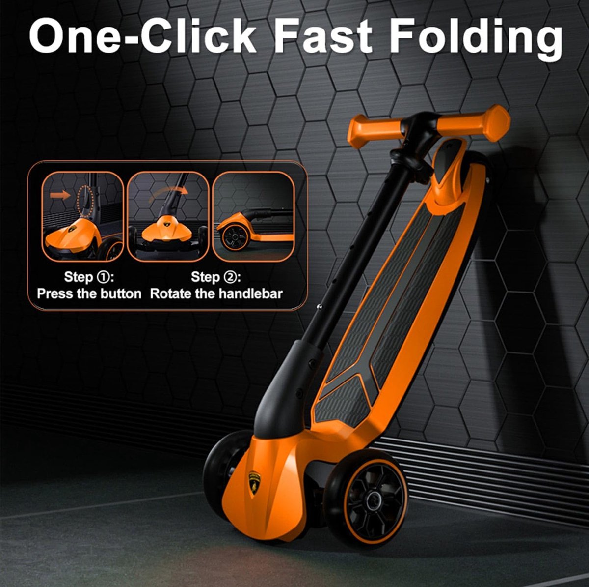 SnelShoppen - Lamborghini Kinderstep Driewieler voor Kinderen 3-8 Jaar, LED-wielen, Pedaal, Hoogte Verstelbaar, Opvouwbare Step Tot 50 kg, Peuters en (2837659119467)