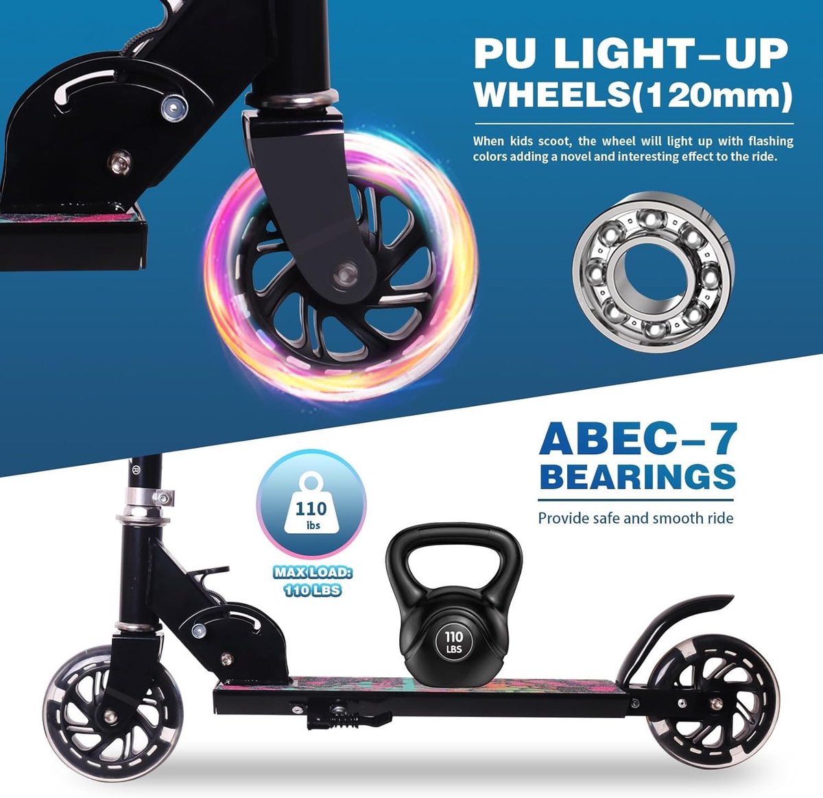 SnelShoppen - Nattork Scooter voor Kinderen, Opvouwbare Lichtgewicht Kinderstep met Rem, Hoogte Verstelbare Handgreep 71-81 cm, Tot 50 kg, Zwart, Voor (2062062682646)