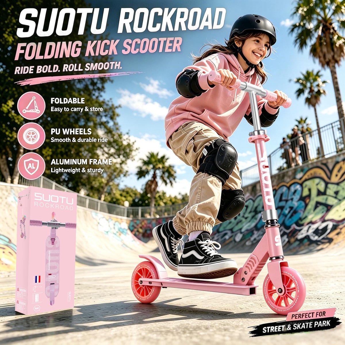 SnelShoppen - Opvouwbare Kinderstep met 145 mm Lichtgevende Wielen, Verstelbaar en Robuust Tot 100 kg, Aluminium Scooter voor Kinderen 3-12 Jaar, Roze (2754081432844)