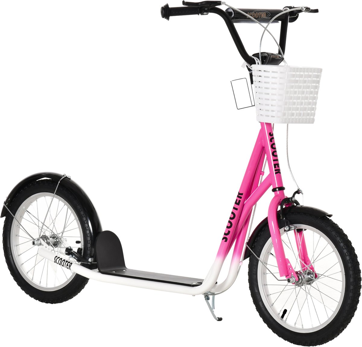 TEKROA® Kinderstep met rem - inclusief mandje - in hoogte verstelbaa - voor kinderen van 5 tot 12 jaar - 139L x 58B x 90-96H cm - wit + roze (8721578357069)