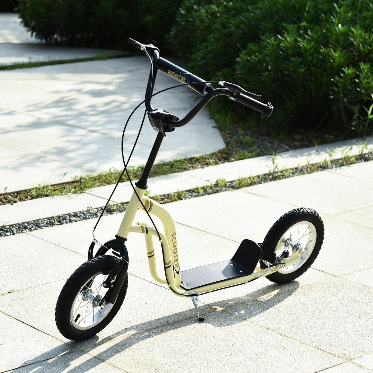 TEKROA® Kinderstep - step met verstelbaar stuur - grote wielen en handrem - voor jongens en meisjes vanaf 5 jaar - tot 100 kg - metaal - 120L x 58B x 85-95H cm - beige (8721578356864)